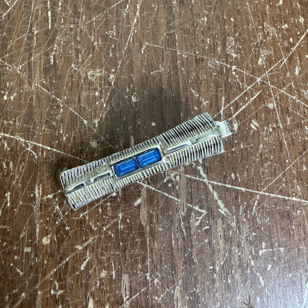 Vintage Silver Tone Blue‎ Rhinestone Art Deco style Men's Tie Clip